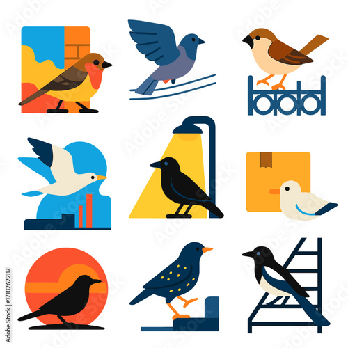City Bird Icons. Flat vector icons of city birds: finch walking beside painted wall, pigeon flapping over cable lines, sparrow