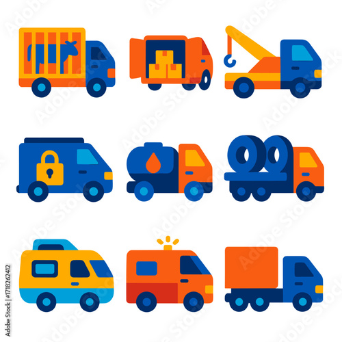 Colorful Vehicle Icons. Flat vector icons of van, truck and lorry: livestock lorry with animal crate icon, van with open rear
