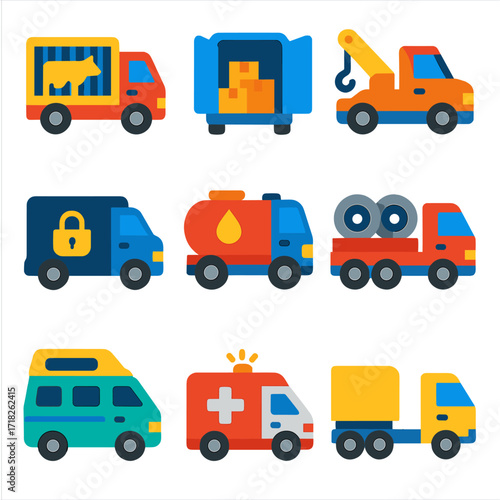 Colorful Vehicle Icons. Flat vector icons of van, truck and lorry: livestock lorry with animal crate icon, van with open rear