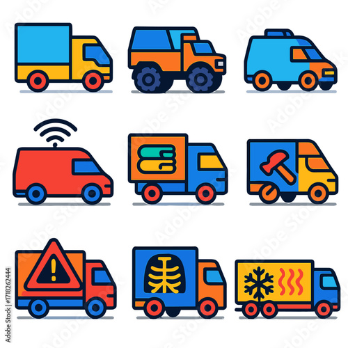 Vivid Vehicle Icons. Flat vector icons of van, truck and lorry: modular delivery van with detachable box, off-road truck with