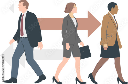 Business people walking, career direction concept, professional attire, decision making, corporate lifestyle, arrows background, leadership, teamwork, office commute, strategy