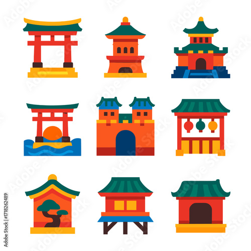 Japanese Architecture Icons. Flat vector icons of Japanese Chinese architecture: double gate with stair platform, sacred incense