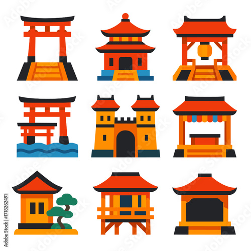 Japanese Architecture Icons. Flat vector icons of Japanese Chinese architecture: double gate with stair platform, sacred incense
