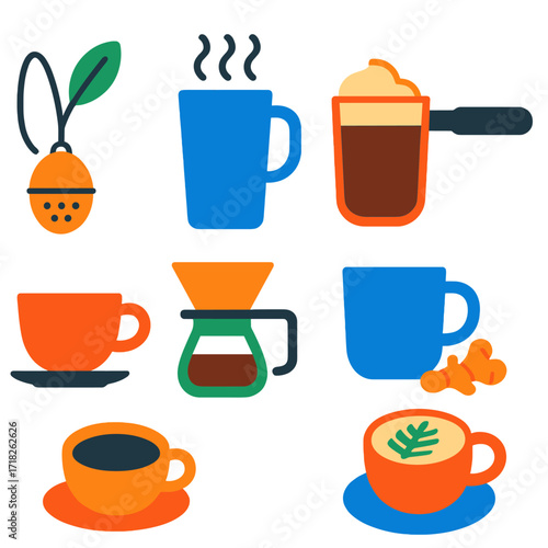 Bold Beverage Icons. Flat vector icons of coffee and hot beverages: tea leaf infuser, tall cup with coffee steam lines, chocolate