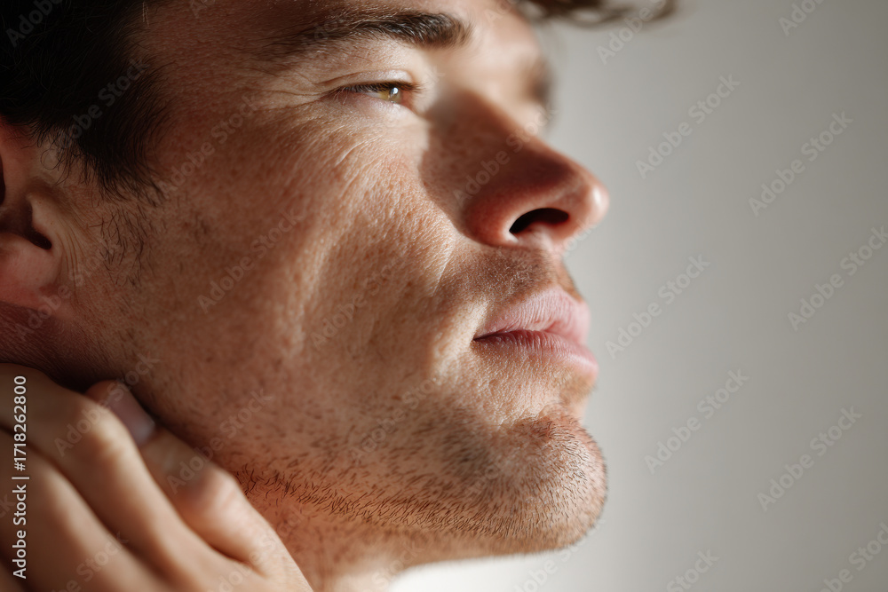 Obraz premium man gently places his palm on his neck embodying moment of tension and release