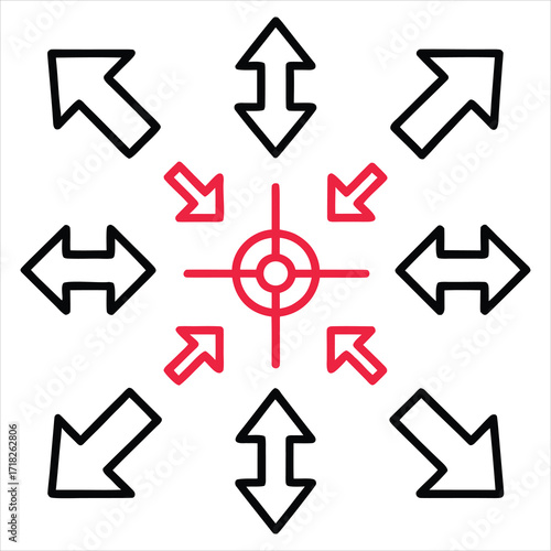 Arrows pointing inward outward and target direction symbol