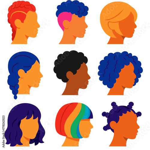 Vibrant Women's Hair Icons. Flat vector icons of women hairstyles: braided mohawk, curly undercut, feathered side part. Dutch