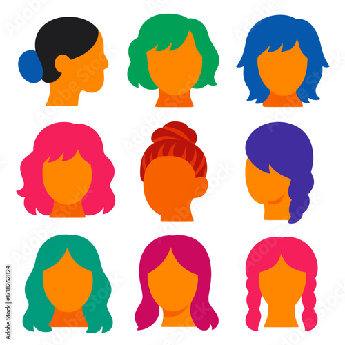 Stylish Hair Icons. Flat vector icons of women hairstyles: low knotted bun, short curled bob, layered wavy fringe. Retro shaggy