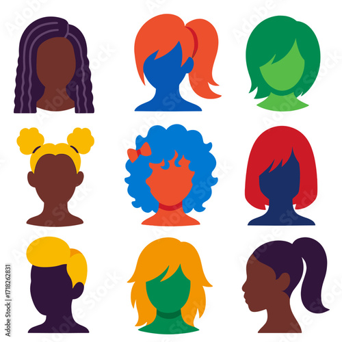 Women Hairstyles Icons. Flat vector icons of women hairstyles: long coiled twists, voluminous teased ponytail, layered side fringe