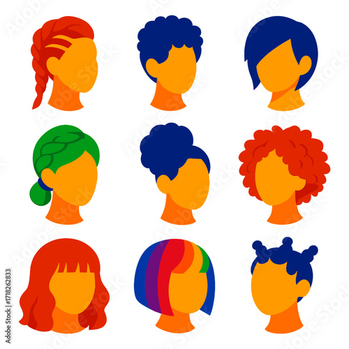 Vibrant Women's Hair Icons. Flat vector icons of women hairstyles: braided mohawk, curly undercut, feathered side part. Dutch