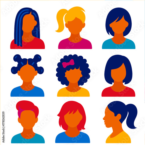 Women Hairstyles Icons. Flat vector icons of women hairstyles: long coiled twists, voluminous teased ponytail, layered side fringe