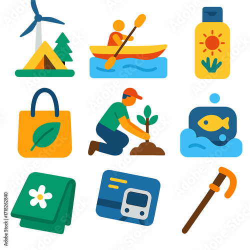 Eco Travel Icons. Flat vector icons of sustainable travel and eco tourism: wind turbine near campsite, kayak tour on clear water,