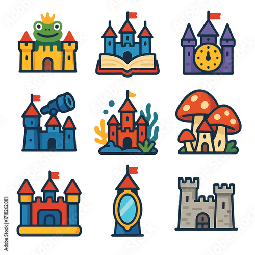 Whimsical Castle Icons. Flat vector icons of castles cartoon: frog prince castle, storybook open-page castle, magical time-travel