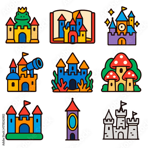 Whimsical Castle Icons. Flat vector icons of castles cartoon: frog prince castle, storybook open-page castle, magical time-travel
