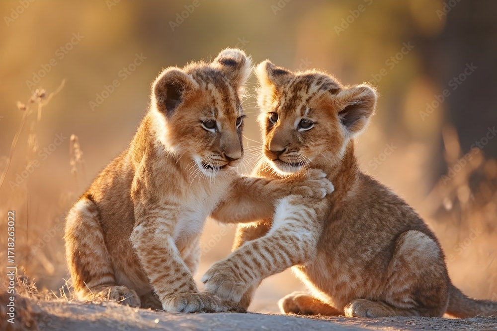 Obraz premium Two lion cubs play together in the warm light of the savannah, gently touching each other with curiosity. Their playful interaction highlights their soft fur and tender connection. 