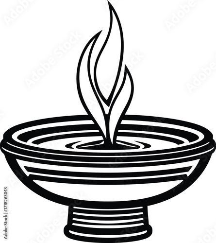Burning Diya oil lamp with flame, traditional festival light illustration

