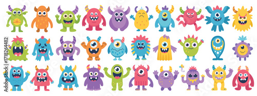 Happy Halloween Cute Monster Icon Set, Cartoon Kawaii Scary Funny Characters with Eyes, Tongue, and Hands Up, Baby Collection, Childish Style, Flat Design, White Background.