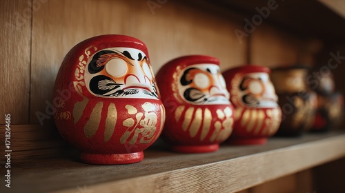 Traditional red Japanese Daruma dolls with gold kanji lined up on a wooden shelf.