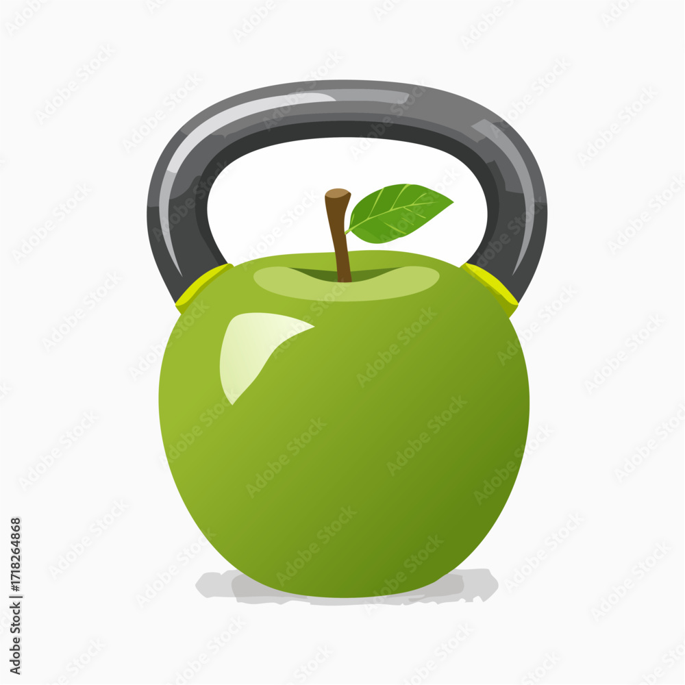 Obraz premium Ciężarek kettlebell w kształcie zielonego jabłka. Koncepcja fitnessu, diety i zdrowego stylu życia.