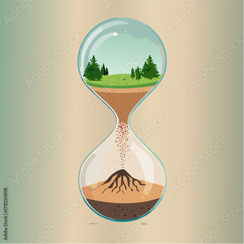 Klepsydra z przesypującą się ziemią. Koncepcja upływu czasu, zmiany klimatu i ekologii.