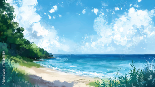 Serene beach scene with lush greenery and bright sky