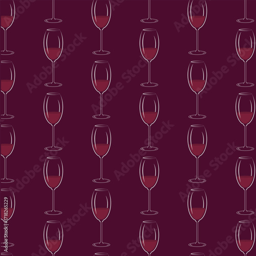 Red wine Classic glass Seamless Pattern light Contour on Burgundy Fond Wine Day greeting Background