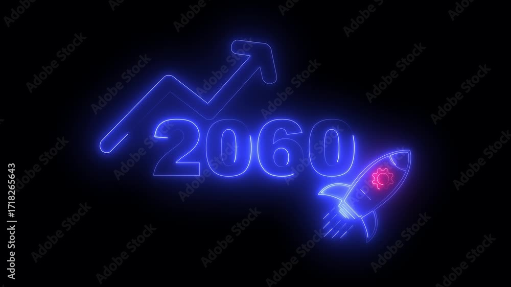 custom made wallpaper toronto digitalBlue neon 2060 year with upward arrow graph and rocket ship icon on black background new year