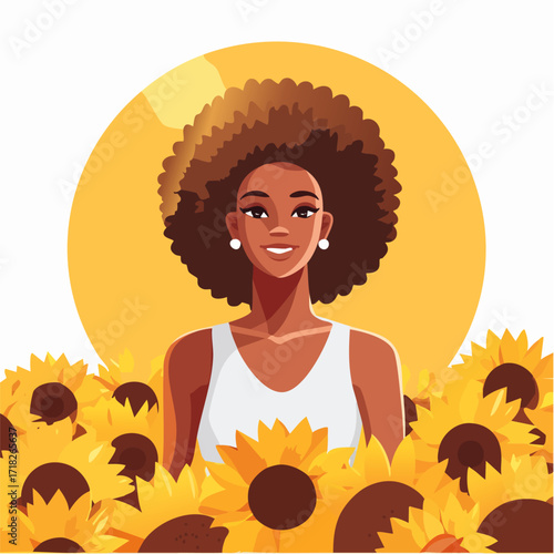 Portret pięknej, czarnoskórej kobiety z fryzurą afro na polu słoneczników. Koncepcja lata, szczęścia i naturalnego piękna.