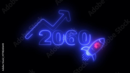 Wallpaper Mural Blue neon 2060 year with upward arrow graph and rocket ship icon on black background new year Torontodigital.ca