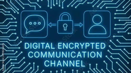 Illustration of digital encrypted communication channel, featuring chat, lock and user icon symbols. Secure data transmission concept.