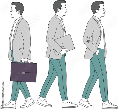 Businessman walking, professional attire, office worker, career concept, urban lifestyle, confident pose, modern outfit, corporate look, business accessories, stylish man