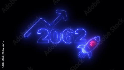 Wallpaper Mural Blue neon 2062 year with upward arrow graph and rocket ship icon on black background new year Torontodigital.ca