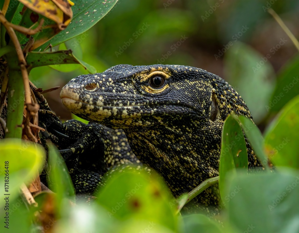 Obraz premium Close-up of a reptile's head amidst foliage