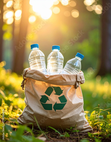 Plastic bottles collected for recycling in bag, zero waste lifestyle