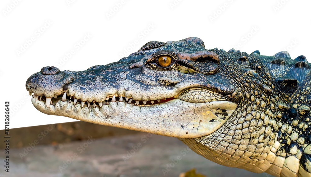 Obraz premium Close-up of a reptile's head, showcasing textured skin and sharp teeth