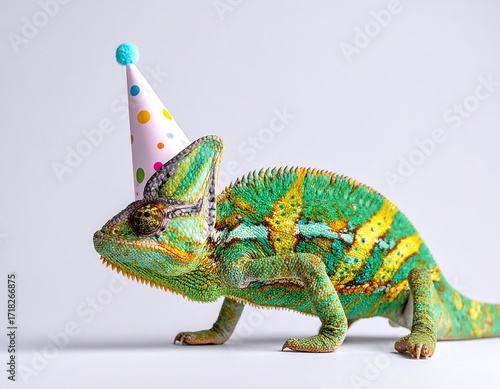 A chameleon wearing a party hat