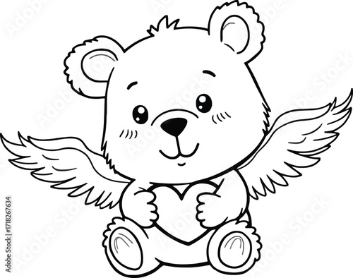 Adorable bear with angel wings, cute cartoon holiday character