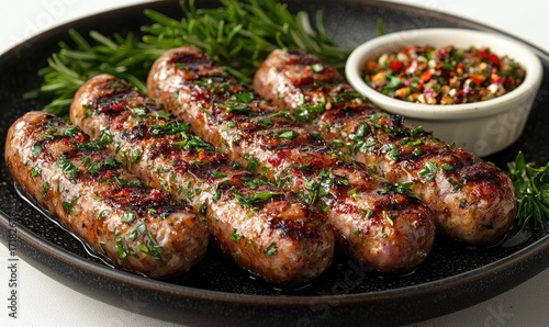 Fototapeta Naklejka Na Ścianę i Meble -  Grilled sausages with herbs and a colorful spice blend