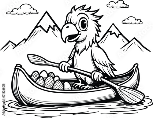 Cartoon bird paddling boat with eggs, mountain lake adventure drawing
