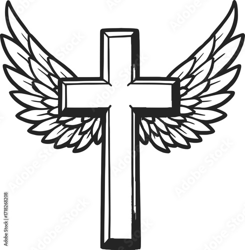 Christian cross with angel wings, religious spiritual symbol design