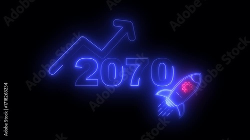 Wallpaper Mural Blue neon 2070 year with upward arrow graph and rocket ship icon on black background new year Torontodigital.ca