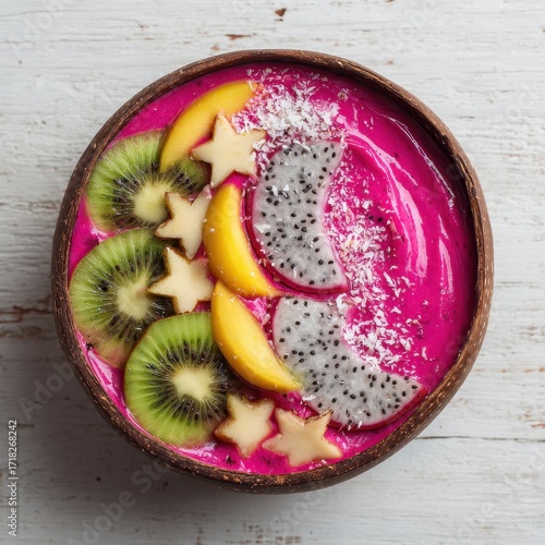 Vibrant Dragon Fruit Smoothie Bowl with Kiwi, Mango, and Coconut