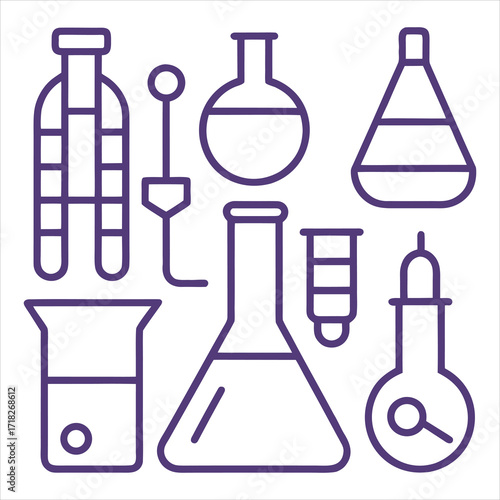 Laboratory glassware collection purple outlines science research