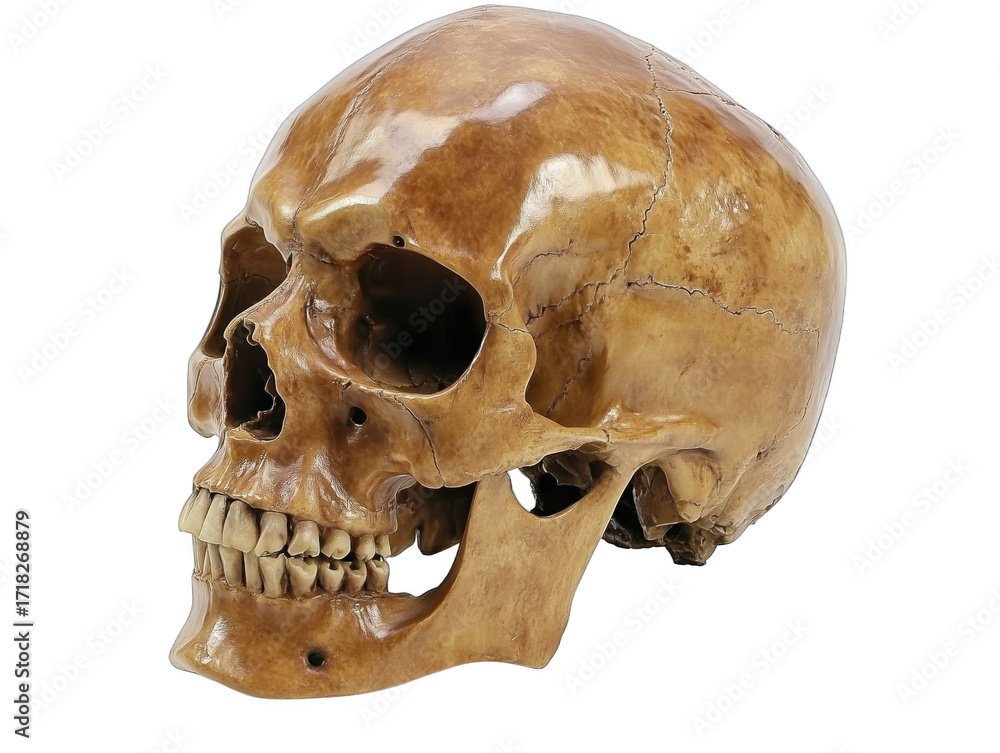 Obraz premium Realistic human skull model showcasing detailed anatomy and natural finish, for design template