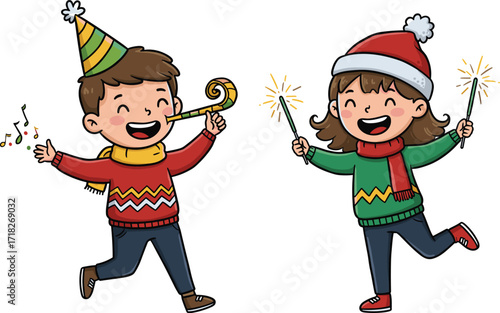 Cartoon children celebrating holiday party, festive winter outfit, sparklers, party horn, Christmas joy, happy kids, seasonal fun, cheerful illustration