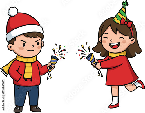 Cartoon children celebrating holiday party, Christmas and New Year fun, festive confetti, Santa hat, party popper, joyful winter illustration