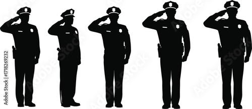 Black silhouettes of male police officers in uniform, saluting to show respect and authority, representing law enforcement and public service, on a white background.
