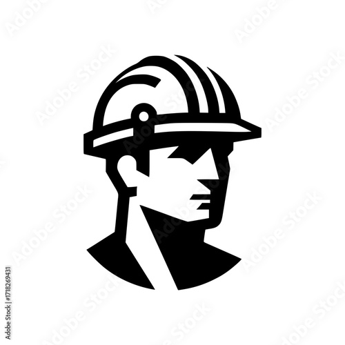 A bold, graphic representation of a construction worker wearing a safety helmet, conveying strength and reliability. The image captures the essence of construction work with a clean, impactful design.