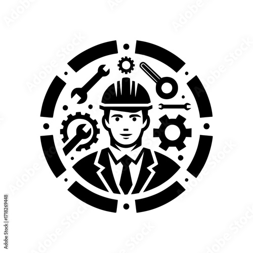 An engineer in a hardhat with engineering tools around him. This design is a strong emblem for construction, industry, and design