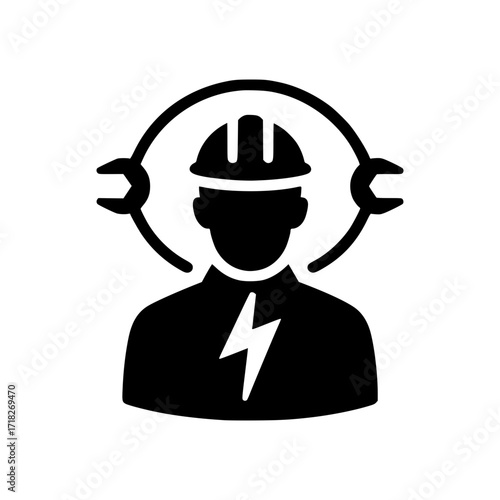 An electrician with a hard hat, tools, and lightning bolt, representing the trade and electrical work.